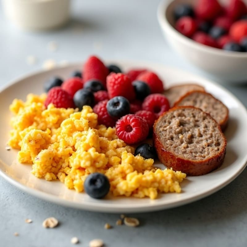 Scrambled Eggs with Chicken Sausage and Berry Oatmeal