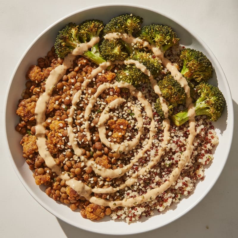 Crispy Lentil and Quinoa Power Bowl with Roasted Vegetables