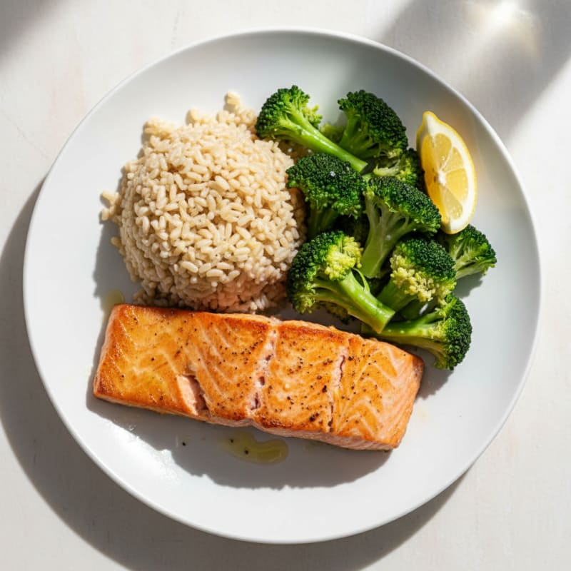 Seared Salmon with Steamed Broccoli and Brown Rice