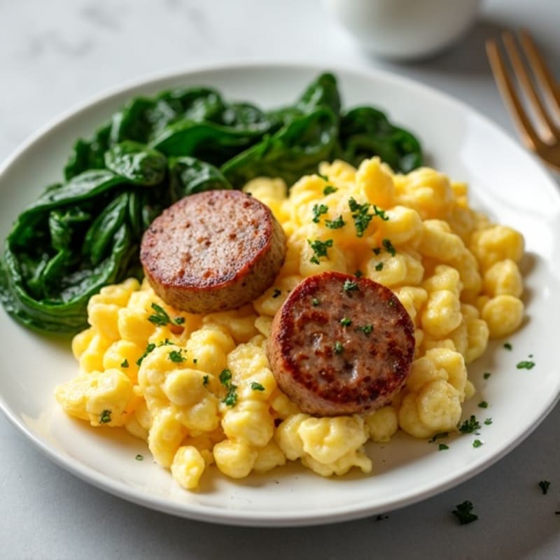 Egg White and Turkey Sausage Scramble with Sautéed Spinach