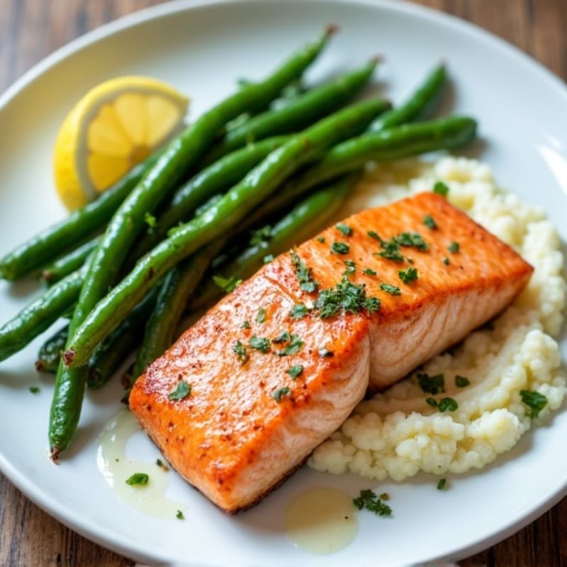 Seared Salmon Fillet with Garlic Green Beans and Cauliflower Mash