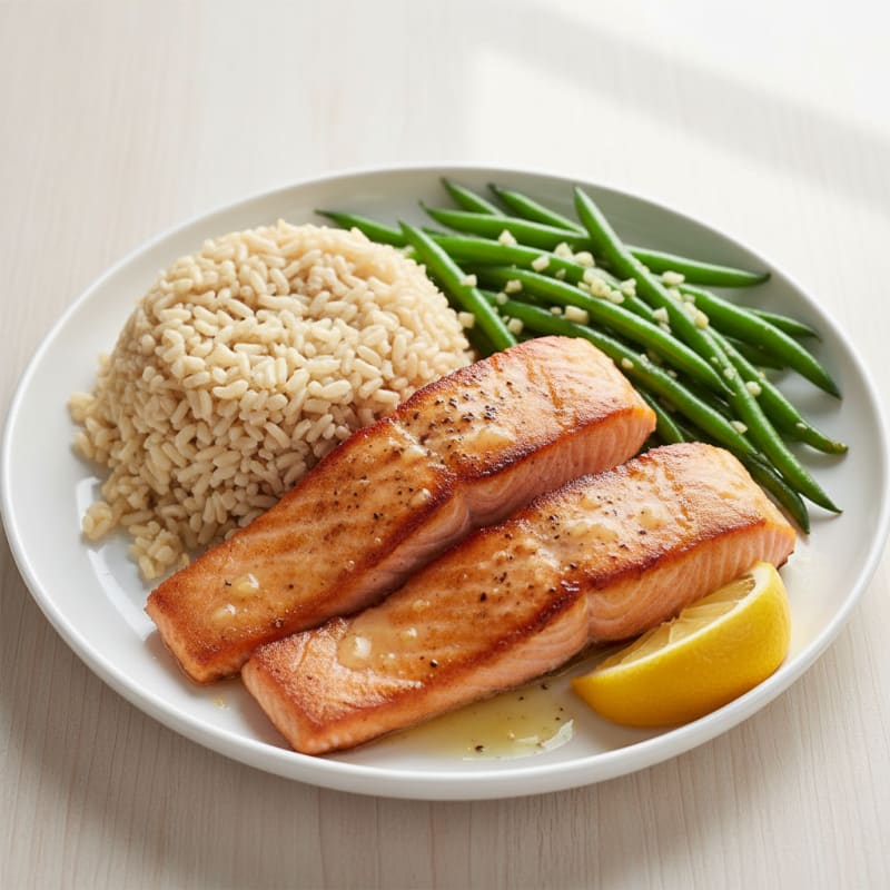 Seared Salmon with Garlic Green Beans and Brown Rice