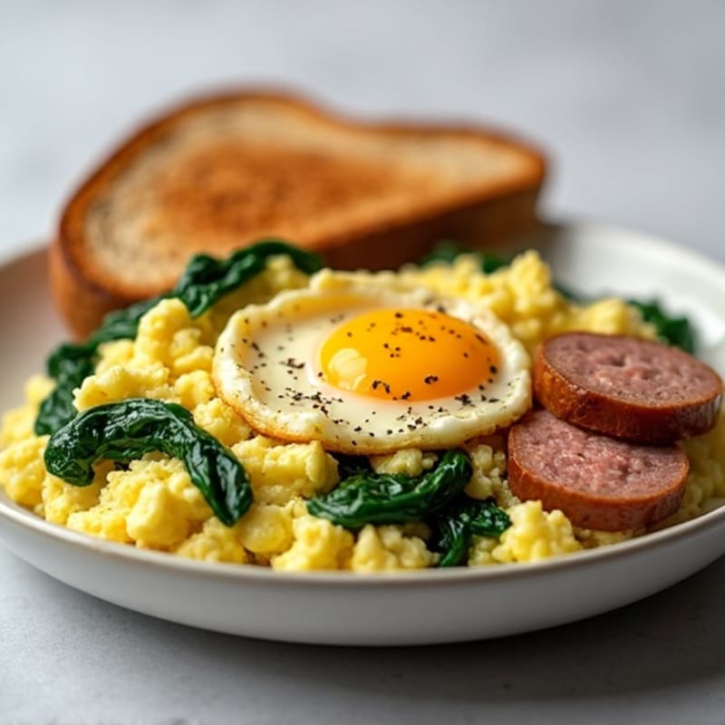 Egg White Scramble with Turkey Sausage and Sautéed Spinach