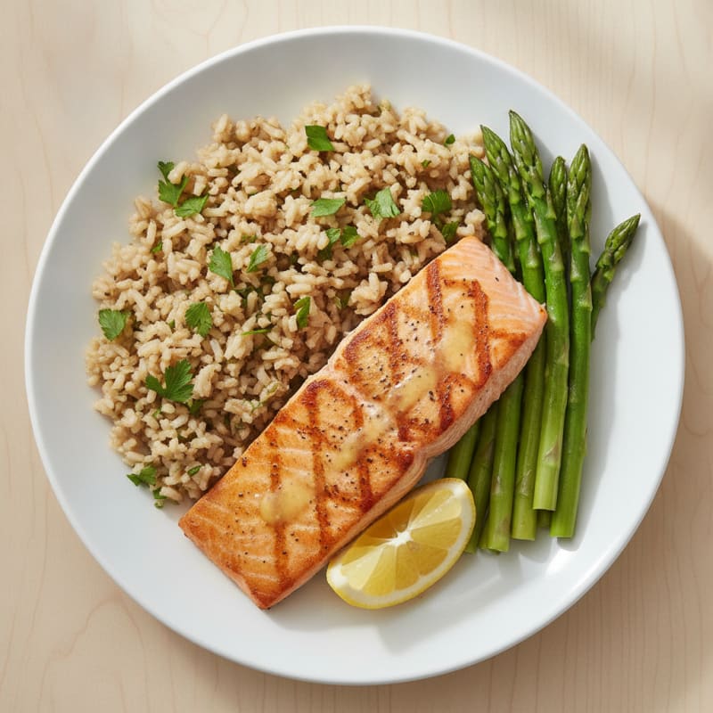 Seared Salmon with Steamed Asparagus and Herb Brown Rice