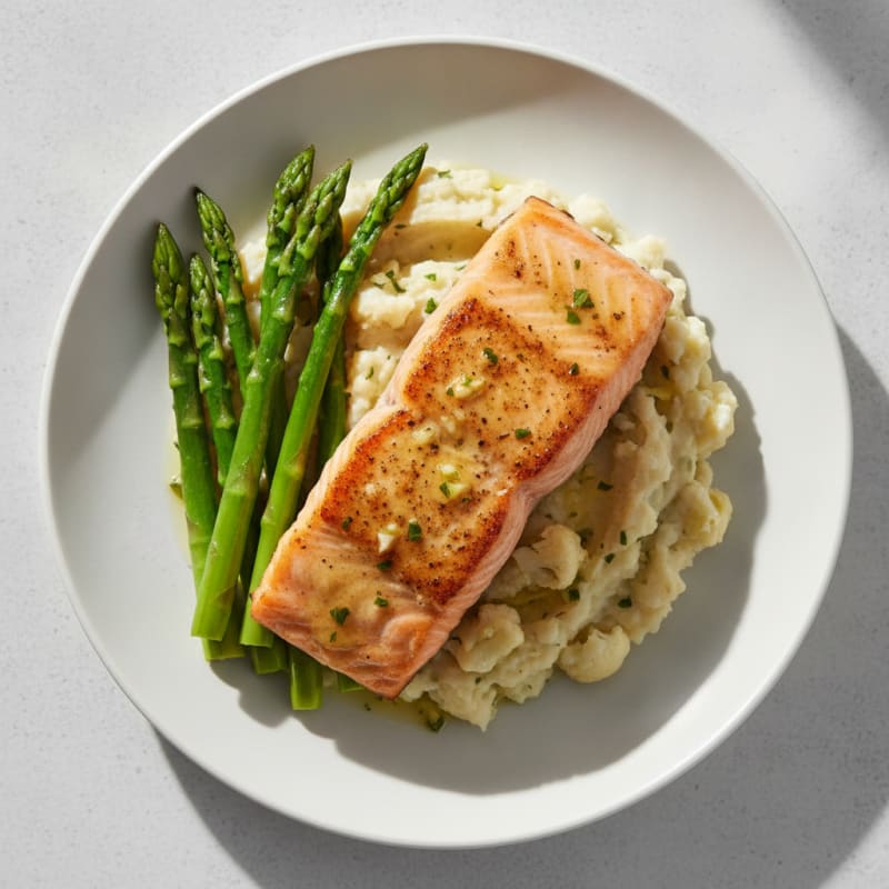 Seared Salmon with Steamed Asparagus and Garlic Cauliflower Mash