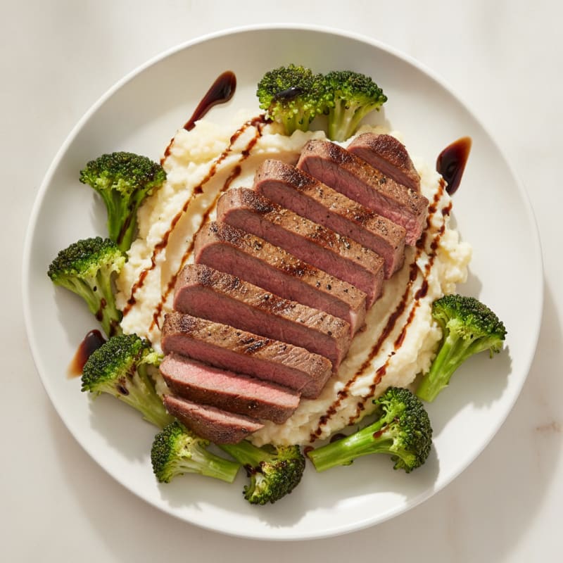 Seared Lean Beef with Steamed Broccoli and Cauliflower Mash