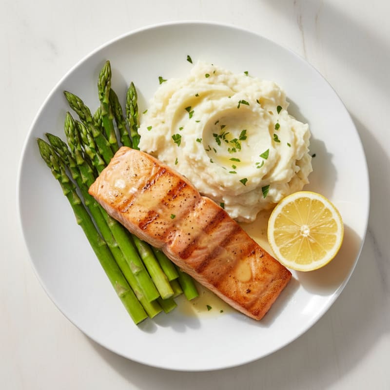 Seared Salmon with Steamed Asparagus and Garlic Mashed Potatoes