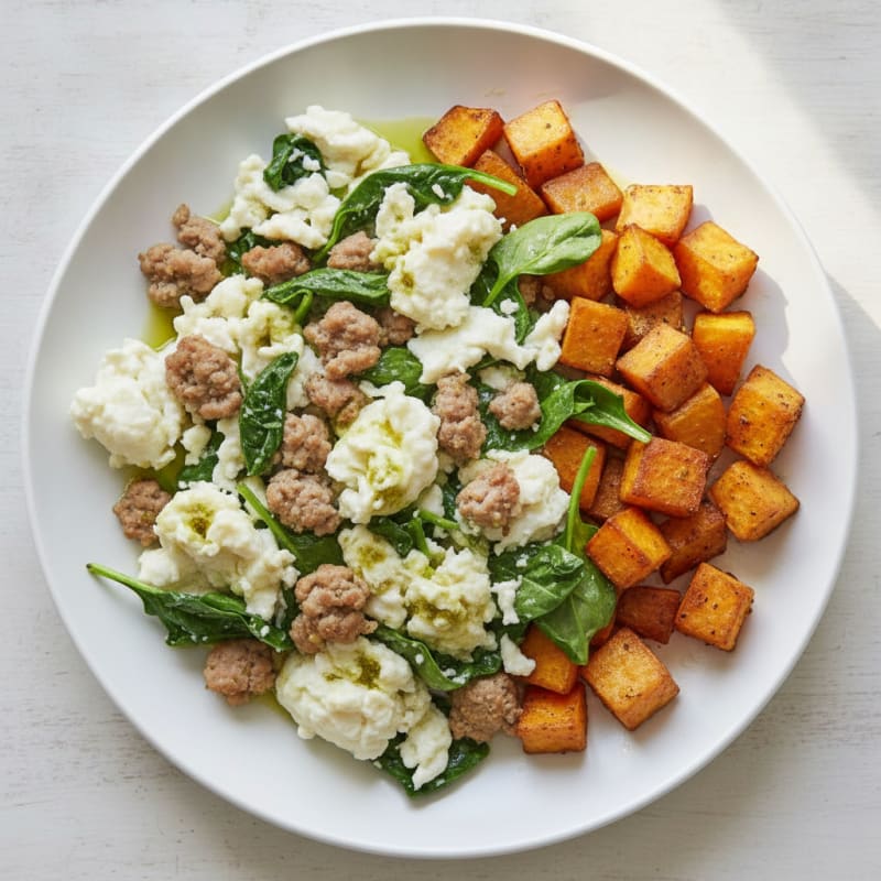 Egg White and Turkey Sausage Scramble with Spinach and Roasted Sweet Potatoes