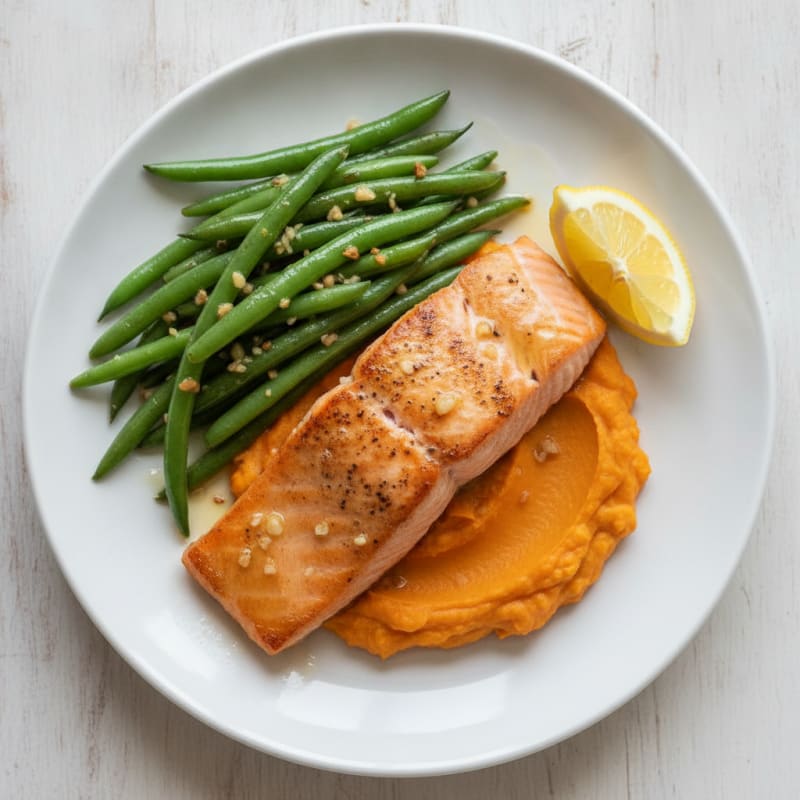 Seared Salmon with Garlic Green Beans and Sweet Potato Mash