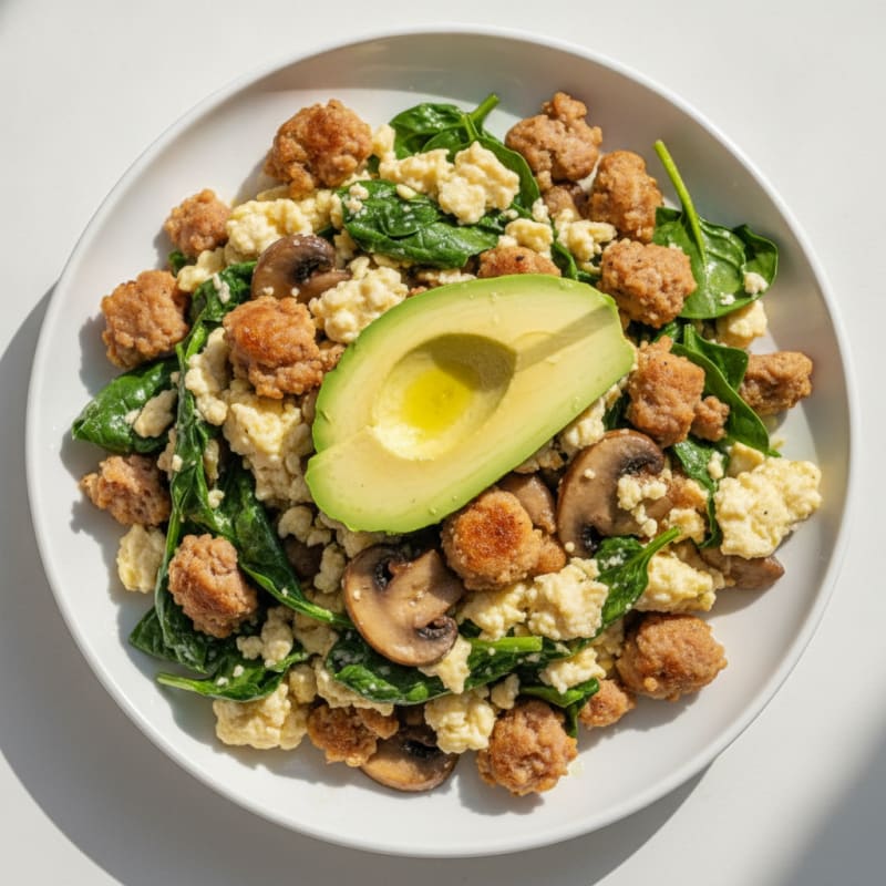Egg White Spinach Scramble with Turkey Sausage and Sautéed Mushrooms