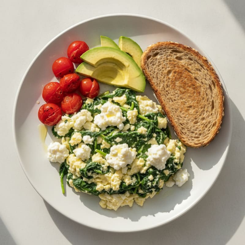 Egg White and Spinach Scramble with Cottage Cheese and Cherry Tomatoes