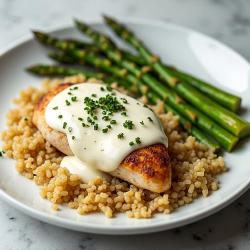 Creamy Garlic Chicken with Roasted Asparagus and Quinoa