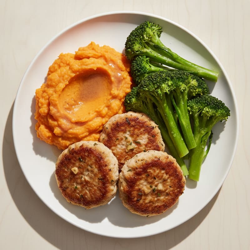 Seared Turkey Patties with Steamed Broccoli and Sweet Potato Mash