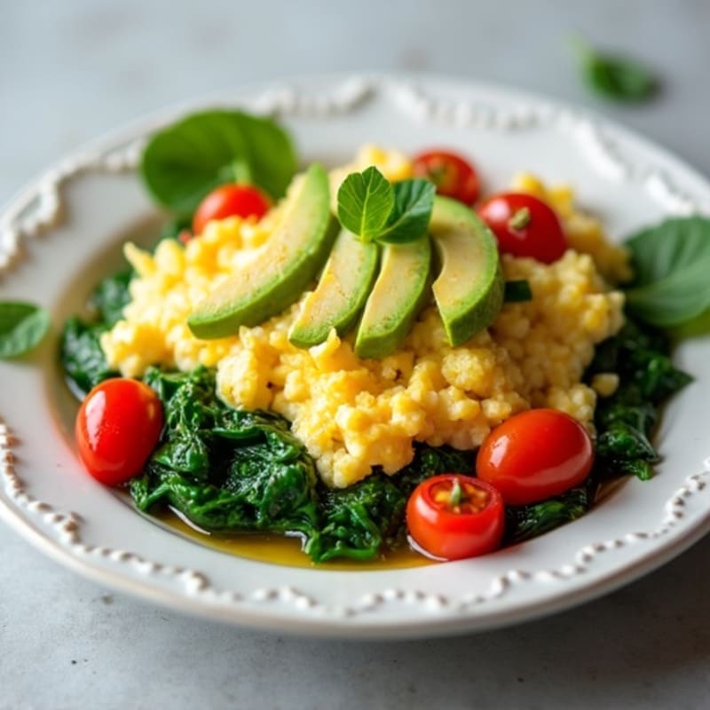 Cottage Cheese Egg White Scramble with Sautéed Spinach and Cherry Tomatoes