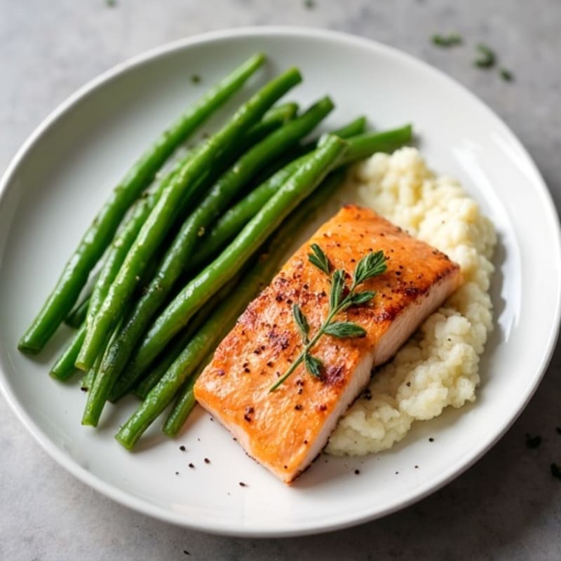 Seared Salmon with Garlic Green Beans and Cauliflower Mash