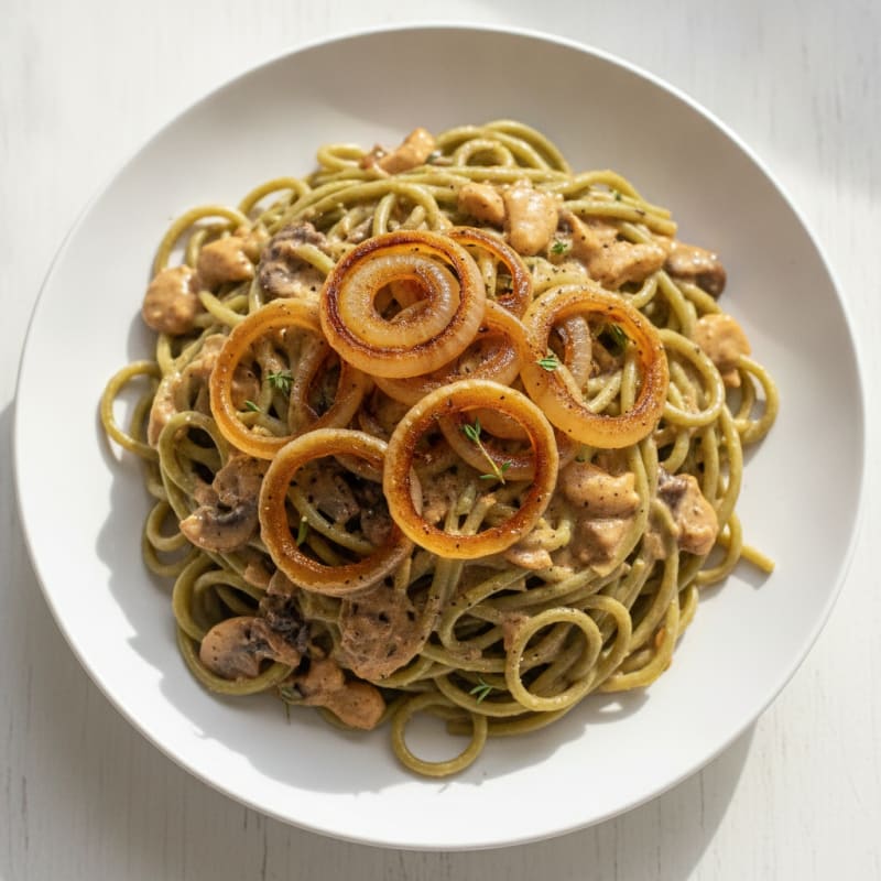 Mushroom Cashew Cream Pasta with Caramelized Onions