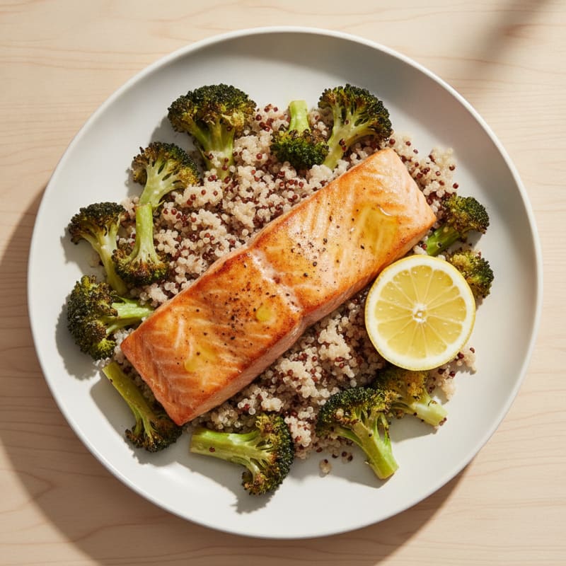 Seared Salmon Fillet with Roasted Broccoli and Quinoa