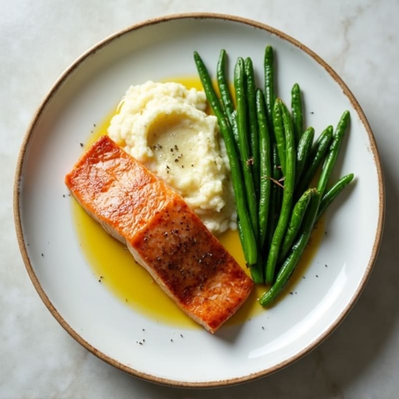 Seared Salmon with Garlic Green Beans and Cauliflower Mash