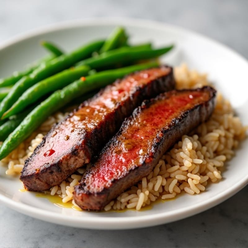 Seared Beef Strips with Brown Rice and Steamed Green Beans