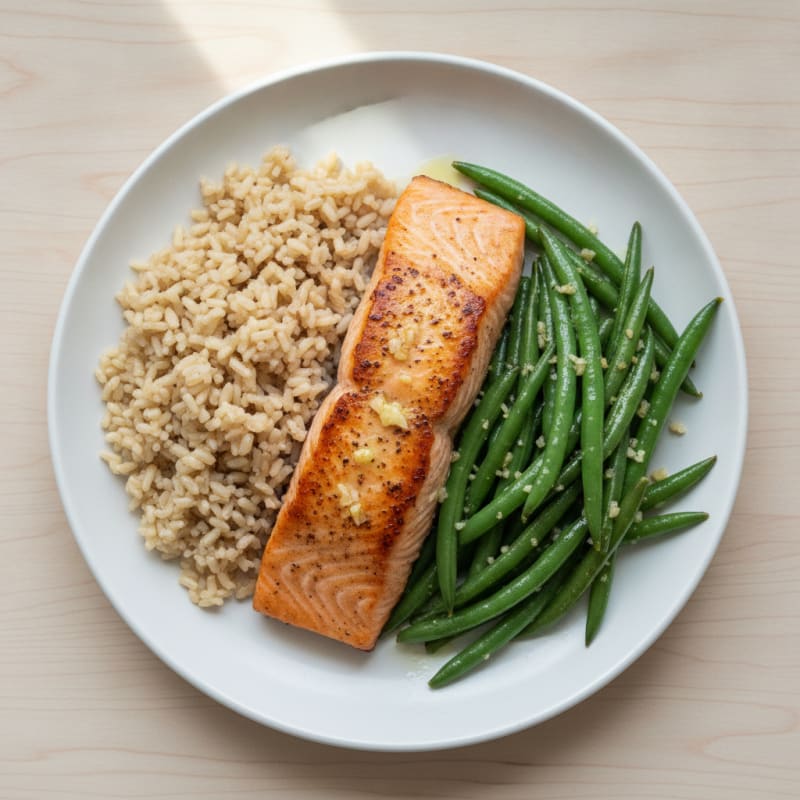 Seared Salmon with Garlic Green Beans and Brown Rice