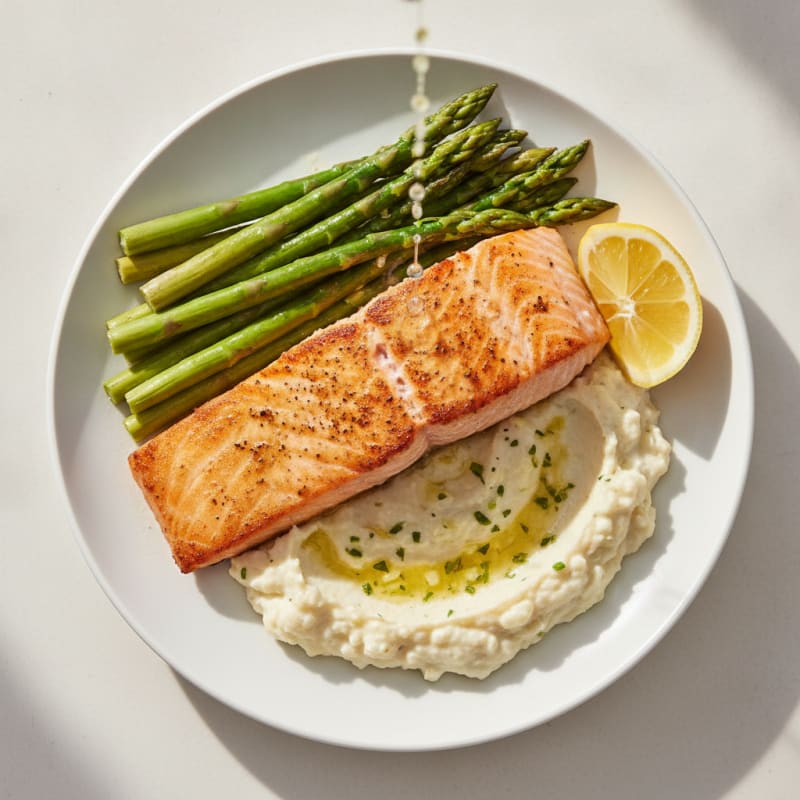Seared Salmon with Steamed Asparagus and Garlic Cauliflower Mash