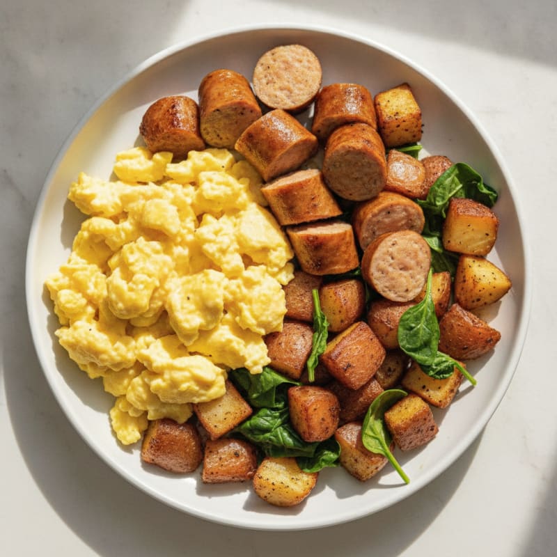 Scrambled Eggs with Chicken Sausage and Roasted Potatoes