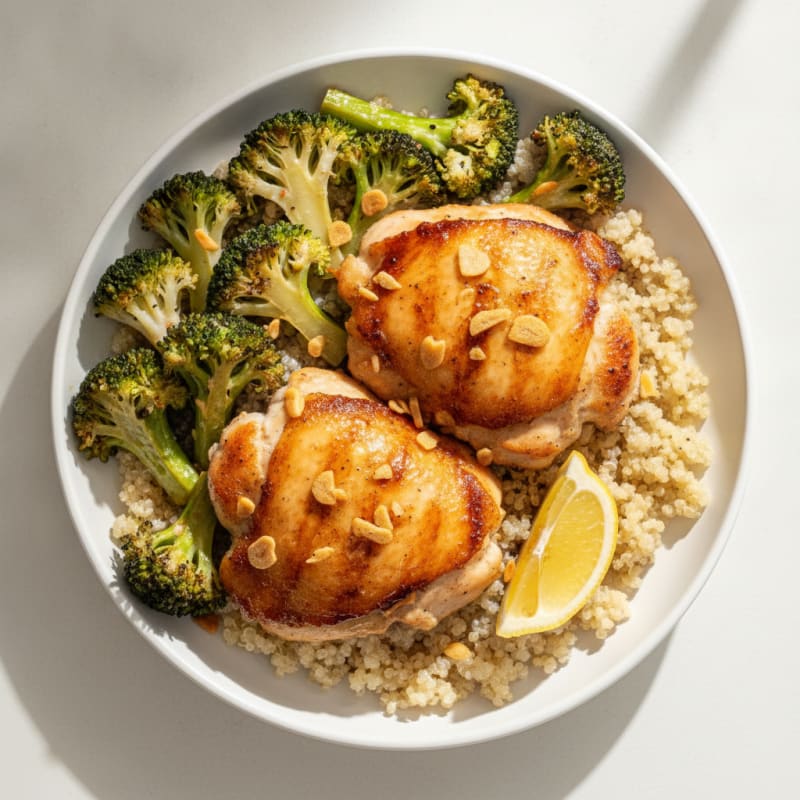 Seared Chicken Thighs with Roasted Broccoli and Quinoa