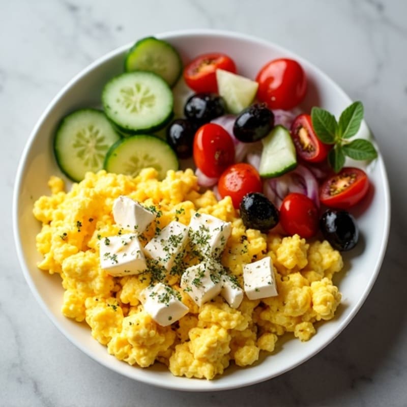 Mediterranean-Style Fluffy Scrambled Eggs with Cucumber Olive Salad