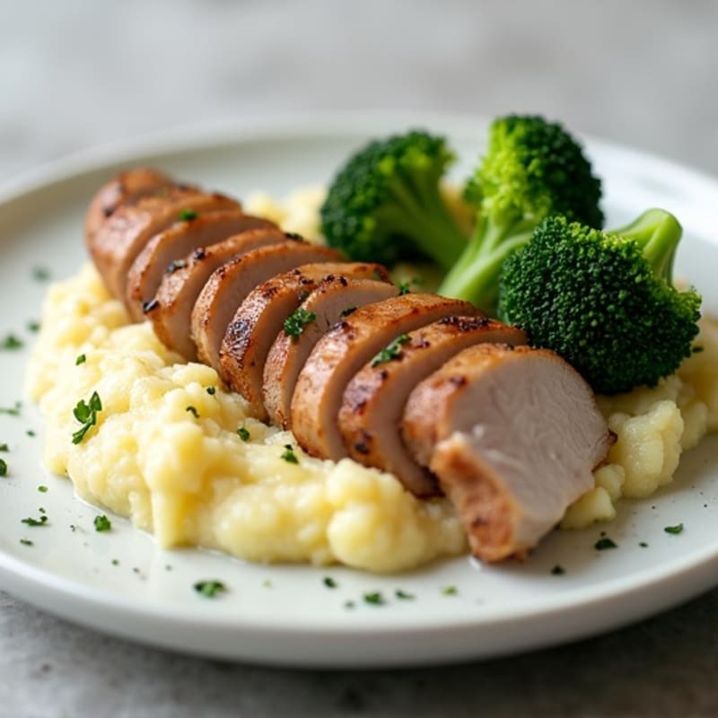 Seared Pork Tenderloin with Creamy Garlic Mashed Potatoes and Steamed Broccoli