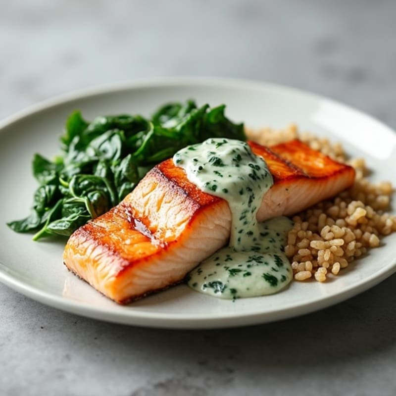Seared Salmon Fillet with Creamy Spinach and Brown Rice