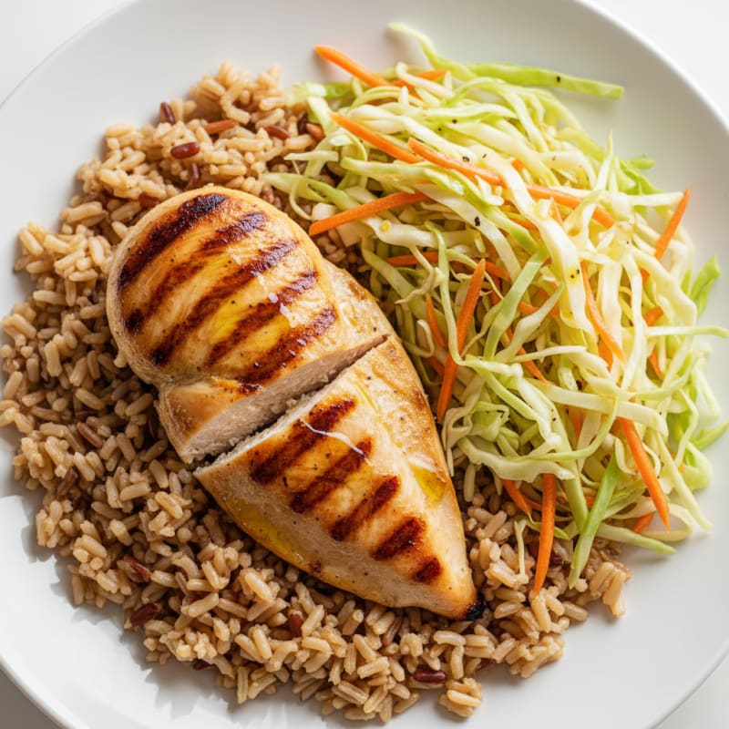 Grilled Chicken Breast with Crunchy Cabbage Slaw and Brown Rice
