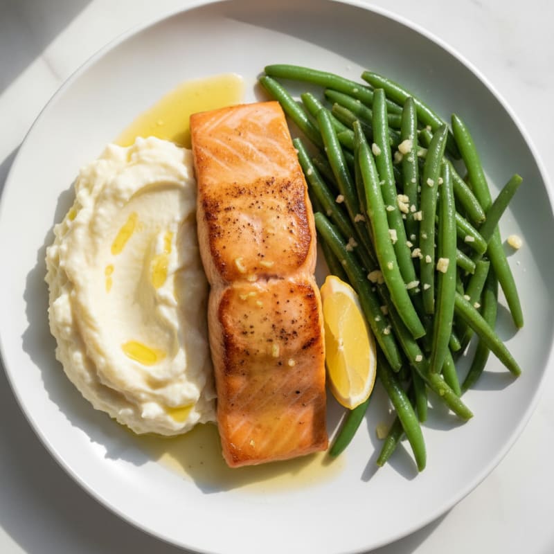 Seared Salmon with Garlic Green Beans and Cauliflower Mash