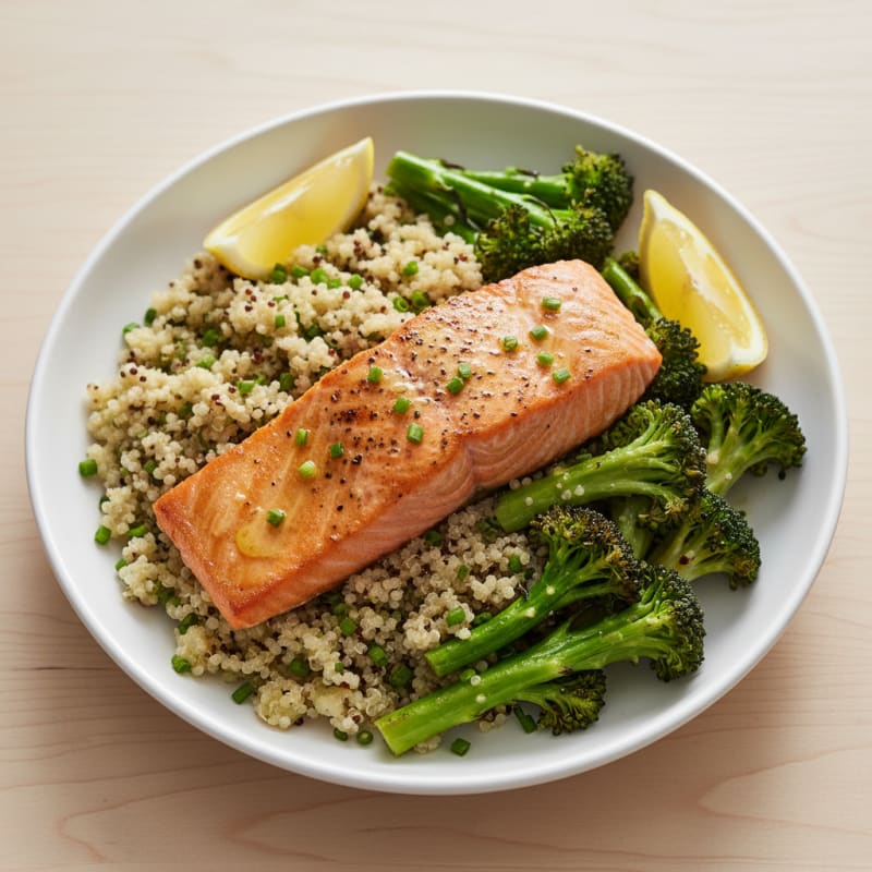 Seared Salmon Fillet with Roasted Broccoli and Garlic Quinoa
