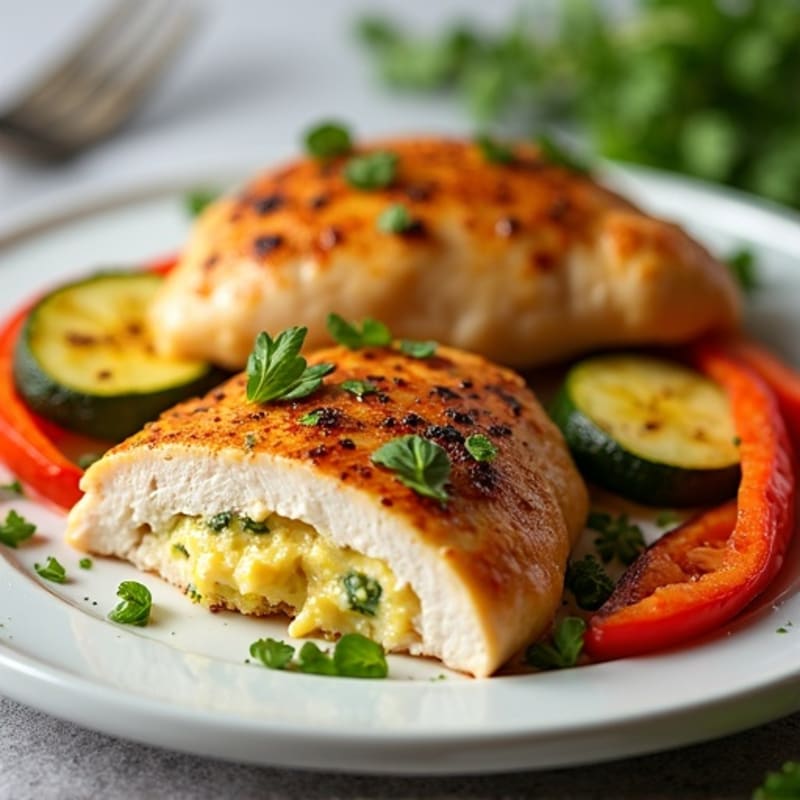 Spicy Creamy Jalapeño Stuffed Chicken with Roasted Vegetables