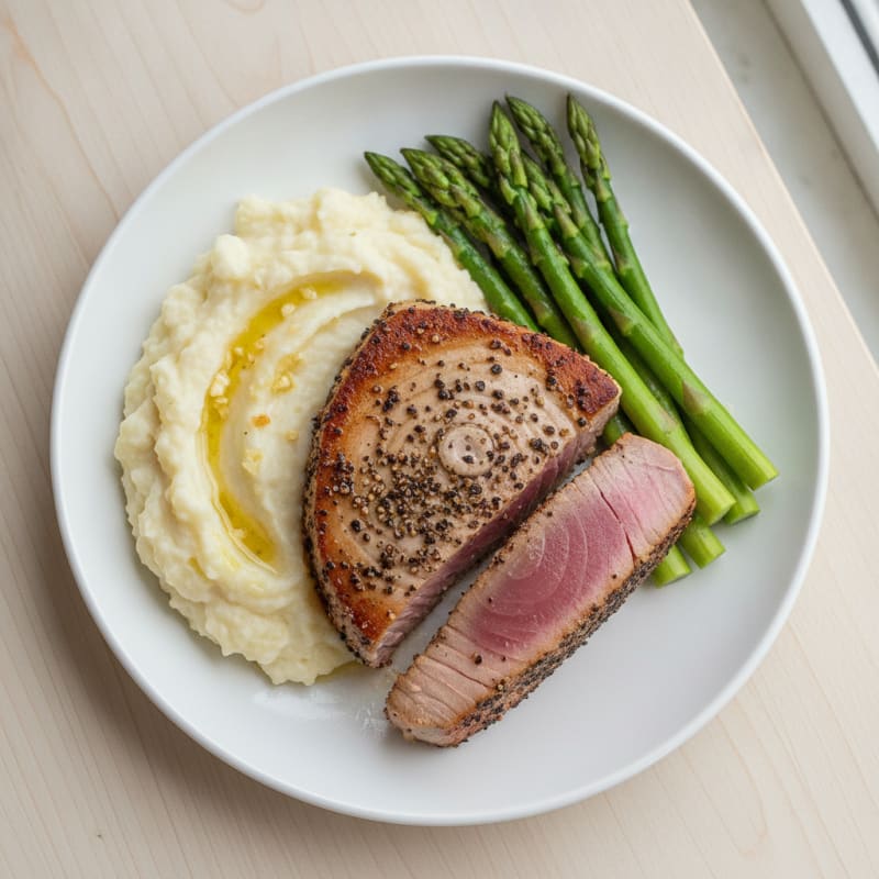 Seared Tuna Steak with Steamed Asparagus and Cauliflower Mash