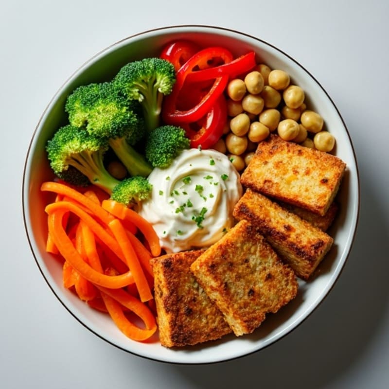 Crispy Baked Tofu and Roasted Vegetable Power Bowl with Lemon-Tahini Dressing