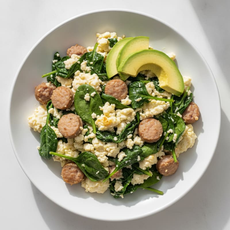 Egg White and Turkey Sausage Scramble with Sautéed Spinach