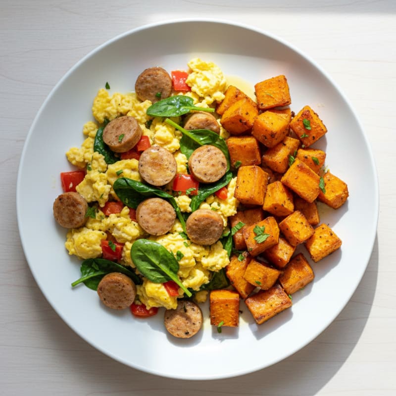 Scrambled Eggs with Chicken Sausage and Roasted Sweet Potato