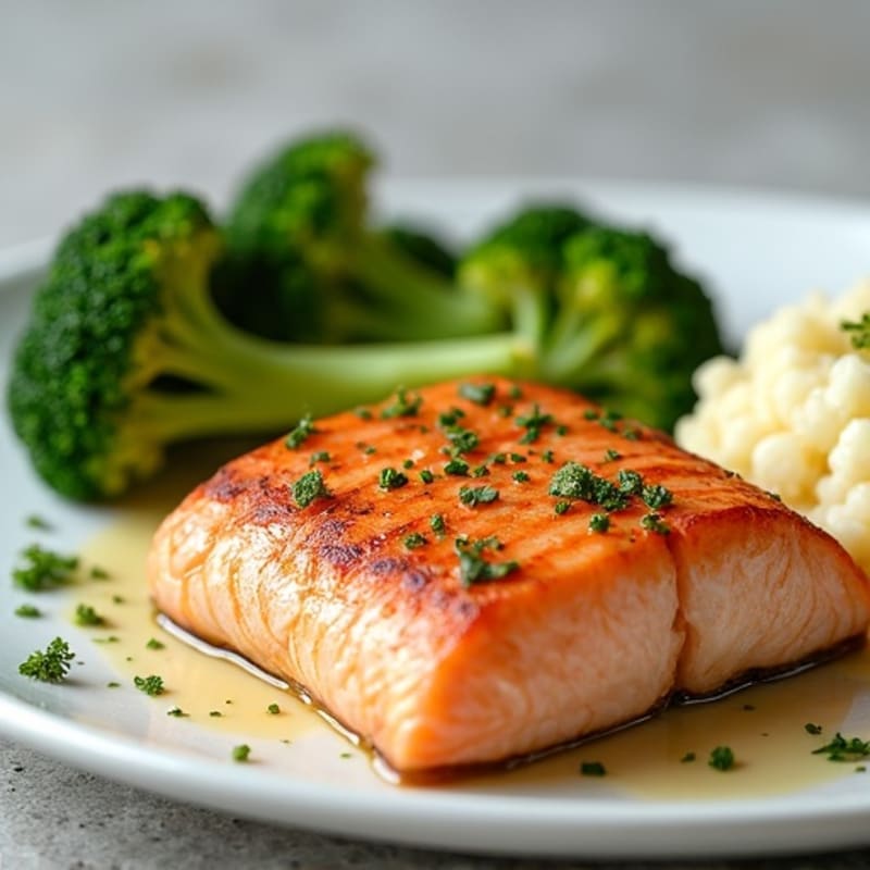 Seared Salmon with Steamed Broccoli and Garlic Mashed Cauliflower