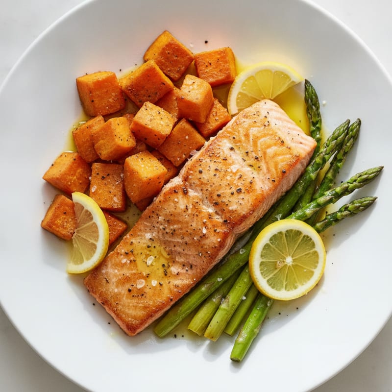 Seared Salmon with Roasted Sweet Potatoes and Asparagus