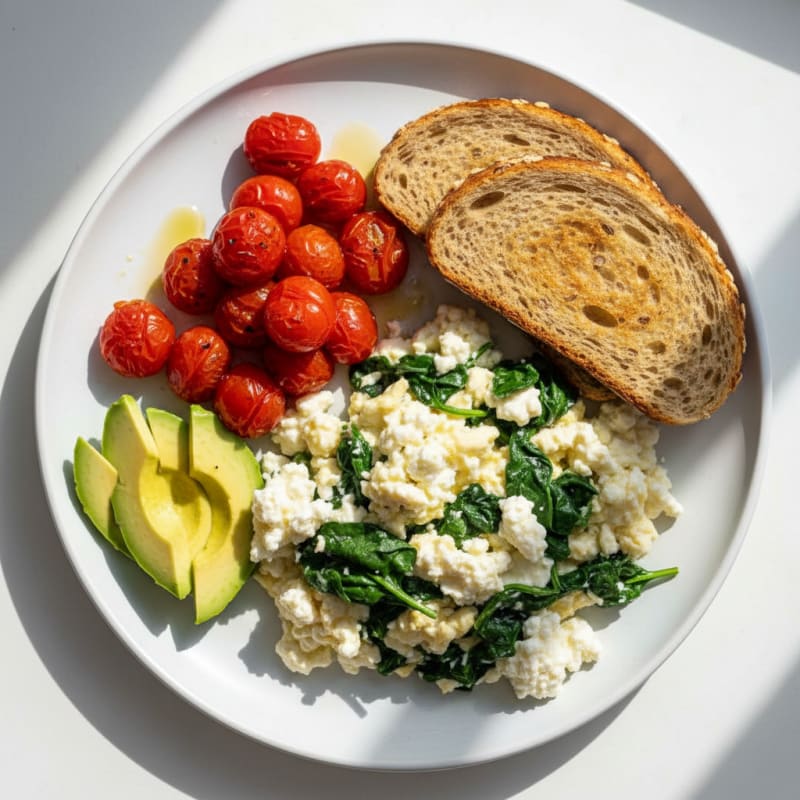 Egg White Spinach Scramble with Cottage Cheese and Cherry Tomatoes