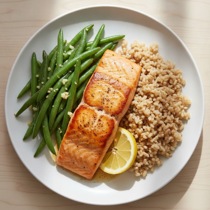 Seared Salmon with Garlic Green Beans and Brown Rice