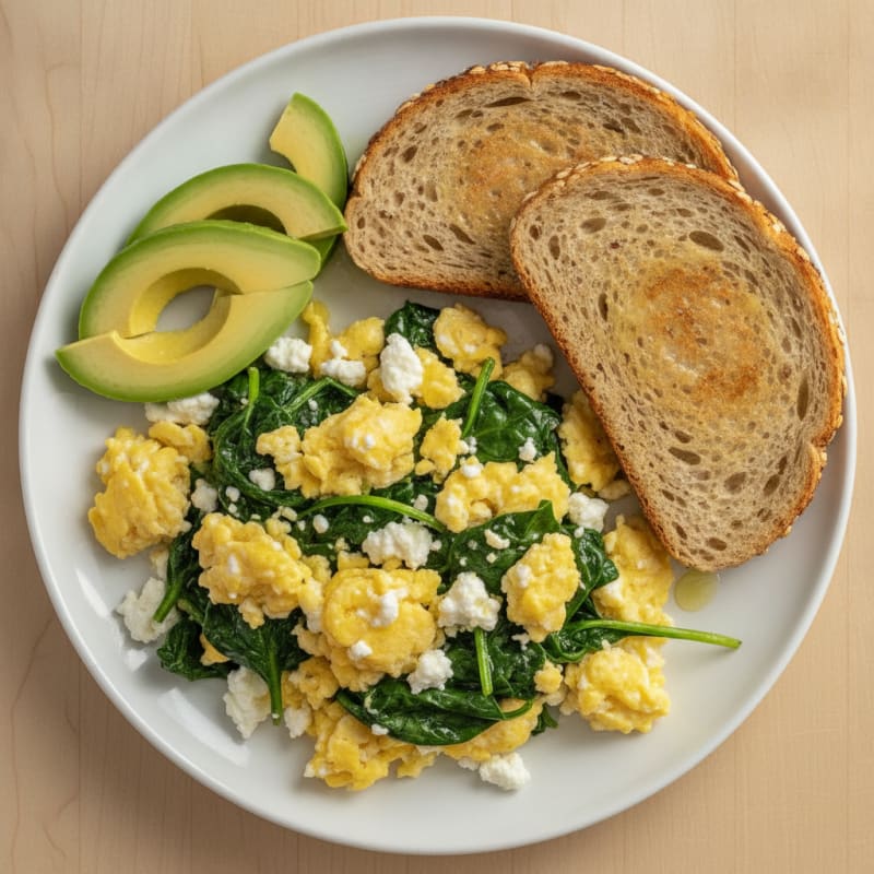 Scrambled Eggs with Cottage Cheese and Sautéed Spinach