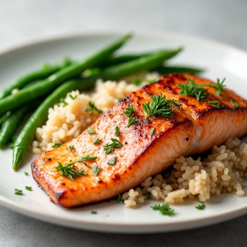 Seared Salmon Fillet with Garlic Green Beans and Herbed Brown Rice