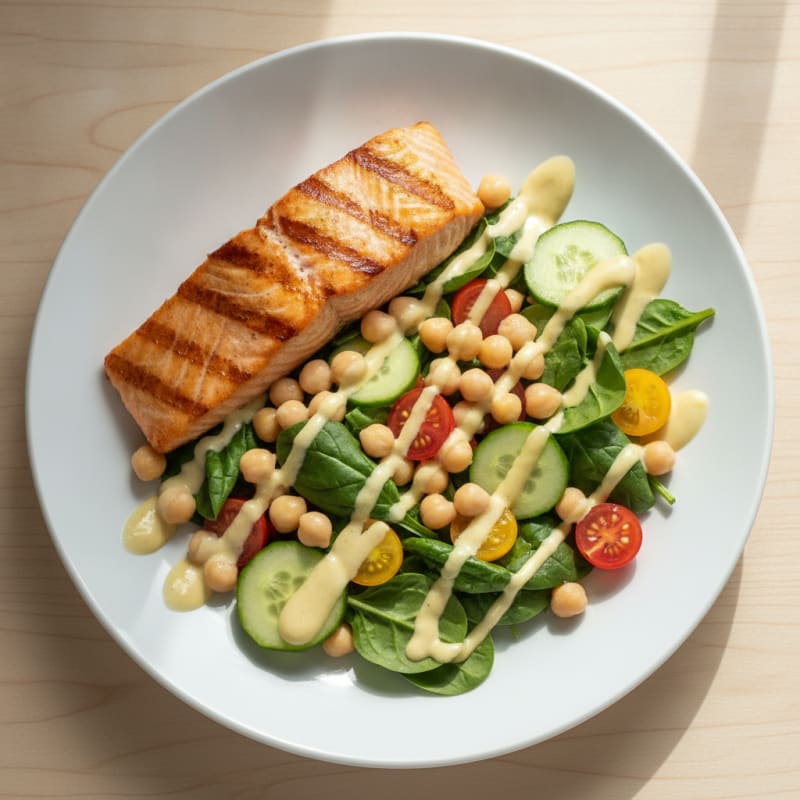 Grilled Salmon and Chickpea Salad with Lemon-Tahini Dressing