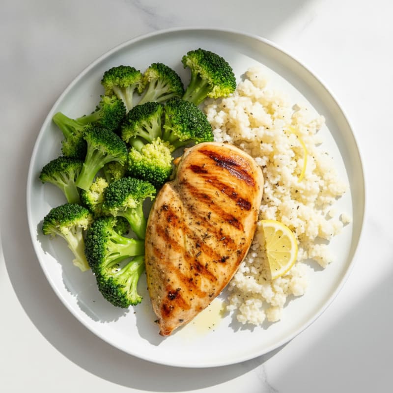 Grilled Chicken Breast with Steamed Broccoli and Cauliflower Rice