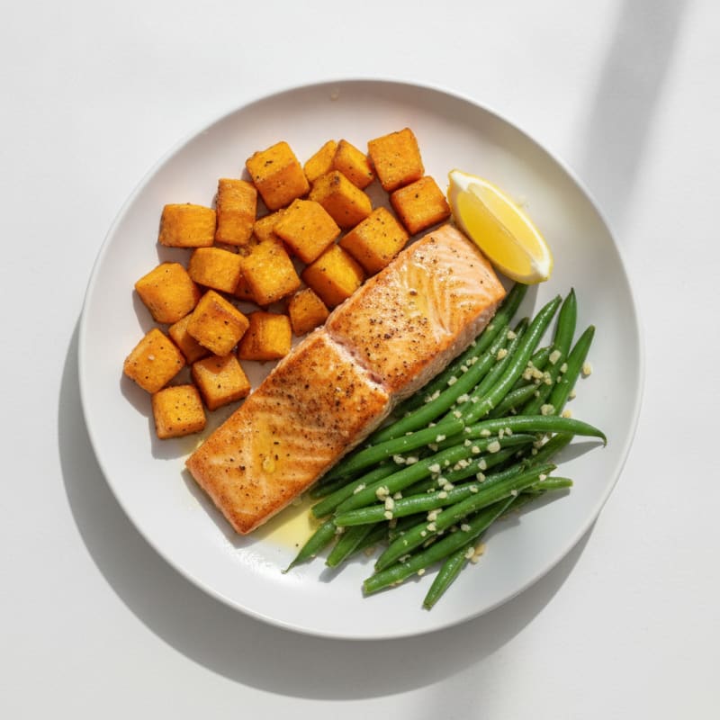 Seared Salmon with Roasted Sweet Potato and Garlic Green Beans