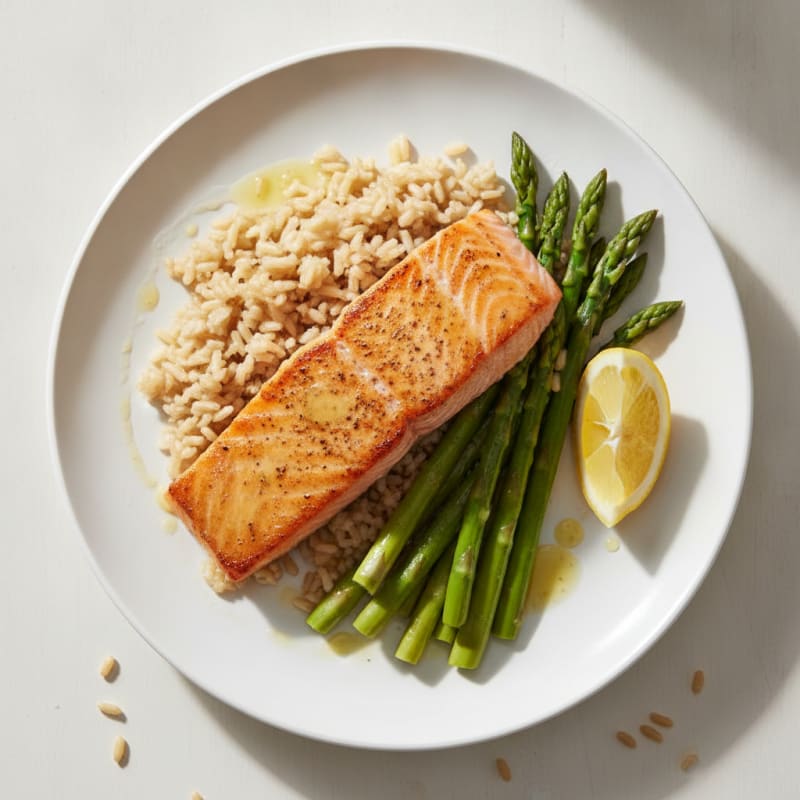 Seared Salmon Fillet with Steamed Asparagus and Brown Rice