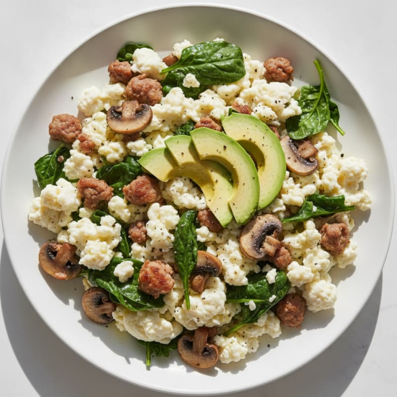 Egg White and Turkey Sausage Scramble with Spinach and Mushrooms