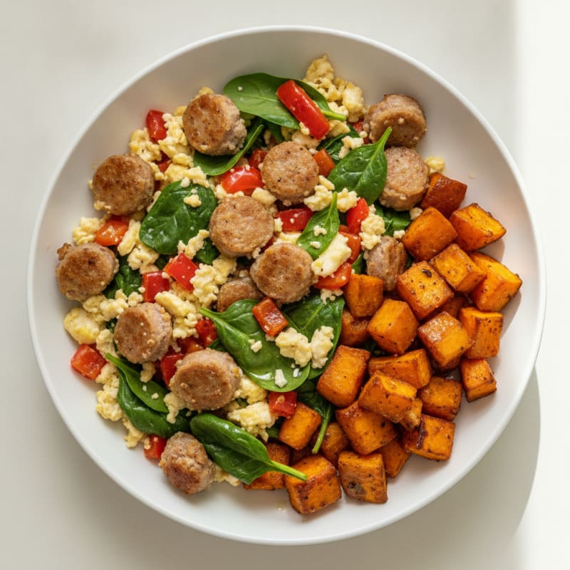 Crispy Turkey Sausage and Egg White Scramble with Roasted Sweet Potatoes